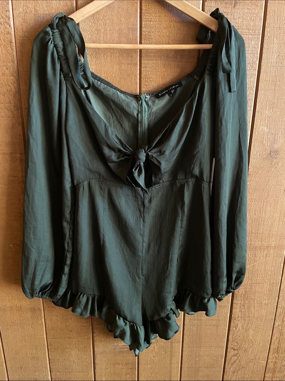 Women’s Dark Green Long-Sleeve Romper with Tie Front